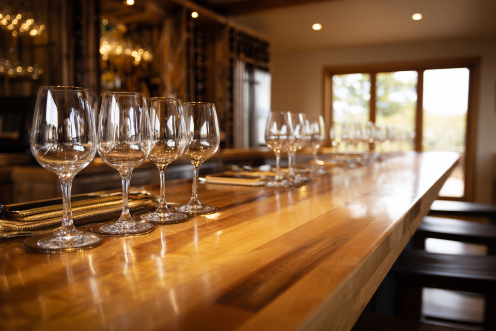 Polished winery tasting room with sparkling stemware — Sacred Space winery cleaning service